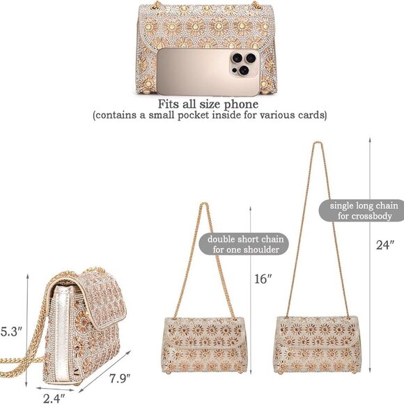 Brand New Crossbody Elegant Rhinestone Bag  Champagne Stylish & Spacious - Picture 5 of 7